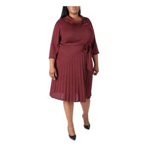 SIGNATURE BY ROBBIE BEE Womens Knit Belted Button 3/4 Sleeve Sheath Dress